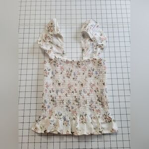 Reformation White Floral Linen Shirred Tank Top Junebug Smocked Top